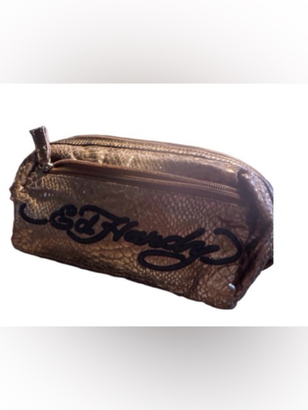Ed Hardy faux snake skin metallic  Heart Skull Appliqué bag